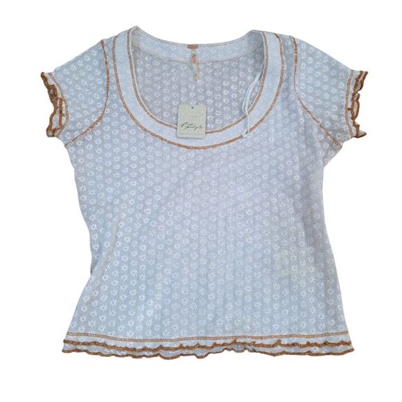 Free People Garner Baby Tee Blouse Top White Short Sleeve Lettuce Hem Cotton XS - Picture 7 of 9